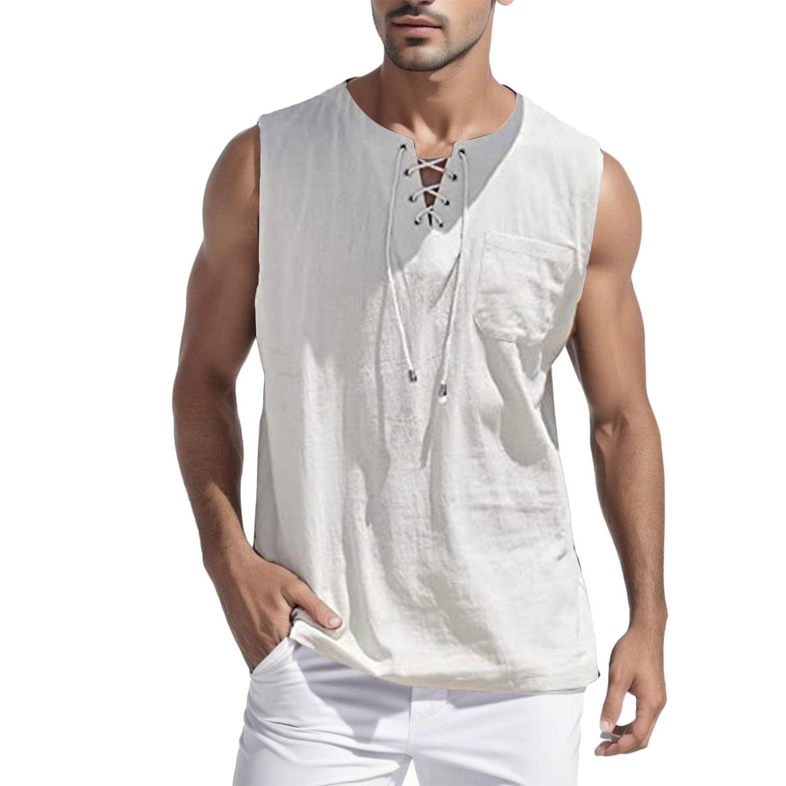 Débardeur Homme Lin T Shirt Sans Manche Col V à Lacets Grande Taille Couleur Unie Debardeur Ete Léger Respirant Tendance Pas Cher Tank Top Chic Coupe Régulière De Sports La Course à