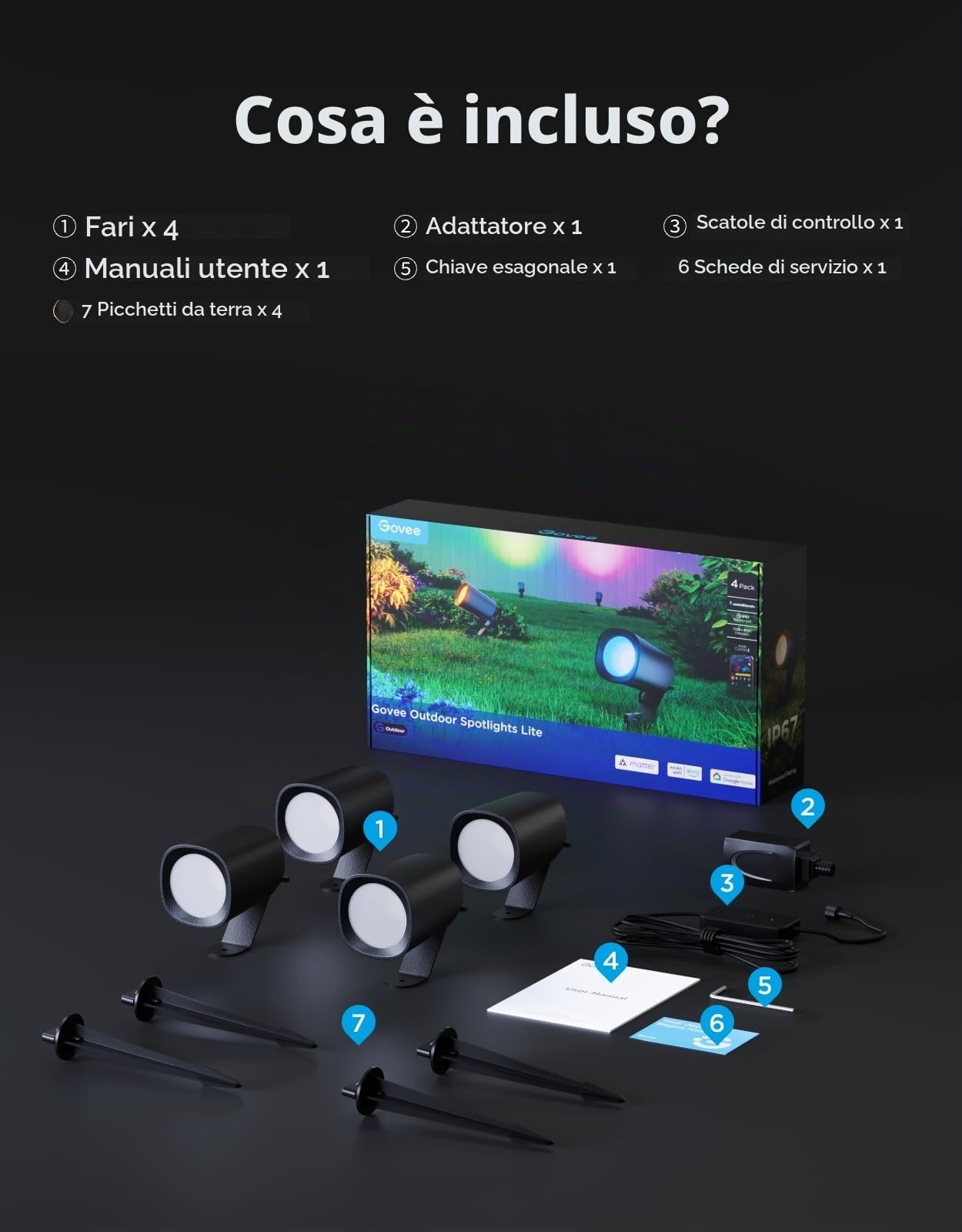 Govee Faretti da Esterno Lite, Dimmerabile 350lm Luci da Esterno, 4 pz | IP67, RGBWIC Luce da Giardino con 64 Scena e 16 Mio di Colori, Funziona con Alexa & Matter, Per il Cortile, la Strada