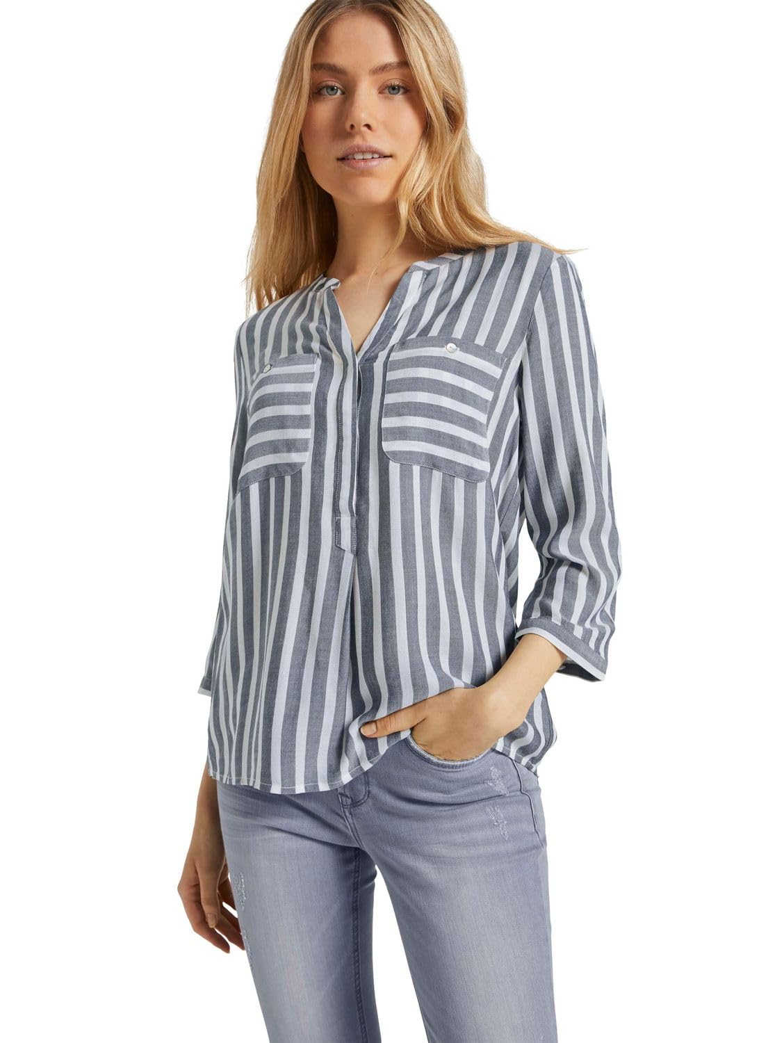 TOM TAILOR Ladies Blouse with Stripes 1016190, 26940 - Offwhite Navy Vertical Stripe, 40