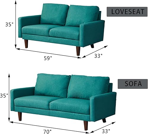 Miniatura 3 de INSTORY Sofá de lino moderno, cómodo sofá biplaza con patas de madera para sala de estar, dormitorio, oficina, color verde
