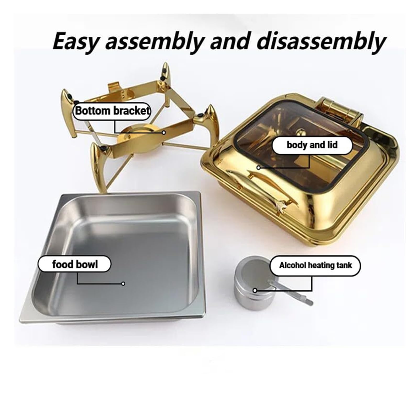 Scaldavivande Quadrati in Acciaio Inox for Buffet Cucina a Buffet | Con coperchio in vetro e design ammortizzante: scaldavivande for feste a buffet, supporto stabile(Gold)