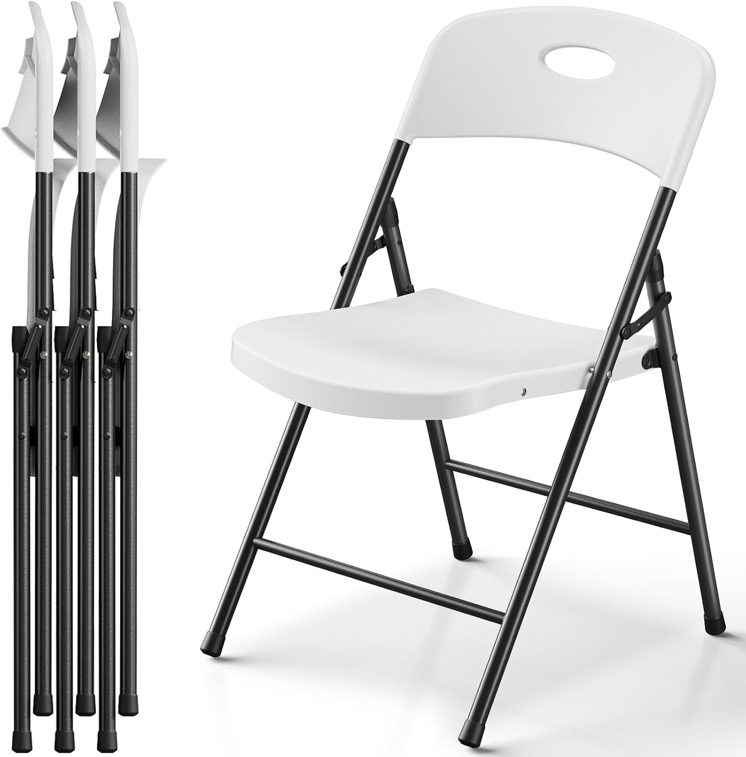 Plastic Folding Chair 4 Pack, Outdoor Sturdy Metal White Folding Chairs for Outside Indoor, Portable 350 lbs Capacity Heavy Duty Foldable Commercial Seating for Picnic, Party, Patio, White