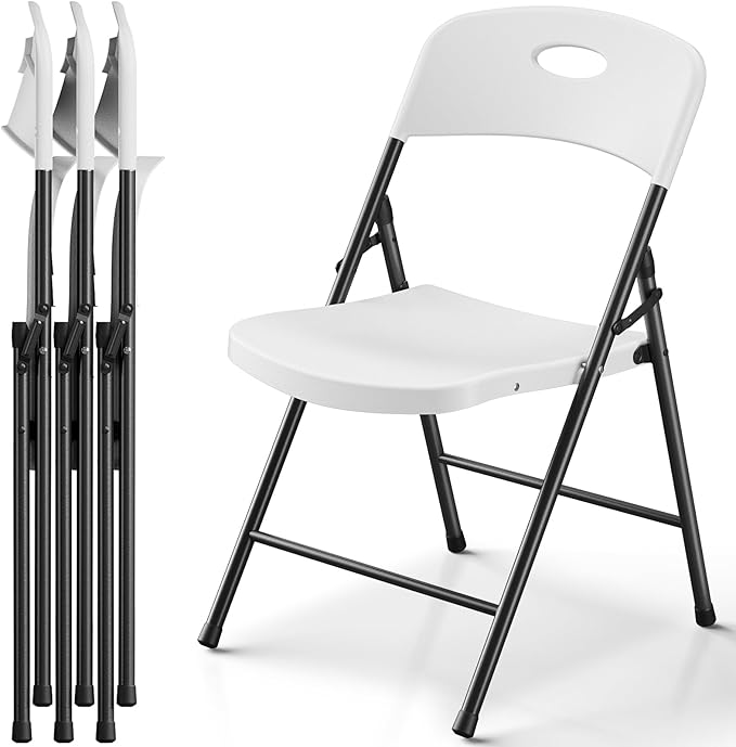 Plastic Folding Chair 4 Pack, Outdoor Sturdy Metal White Folding Chairs for Outside Indoor, Portable 350 lbs Capacity Heavy Duty Foldable Commercial Seating for Picnic, Party, Patio, White