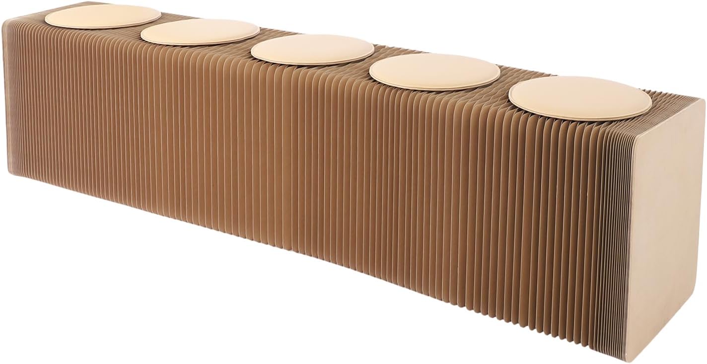 Folding Paper Stool with PU Cushion, Accordion Paper Stool Sofa Chair, Kraft Paper Scalable Folding Bench, Each Seat Holds 220lbs, for Home, Cafe, Exhibition, Shopping Mall (Brown, 5 Seats)