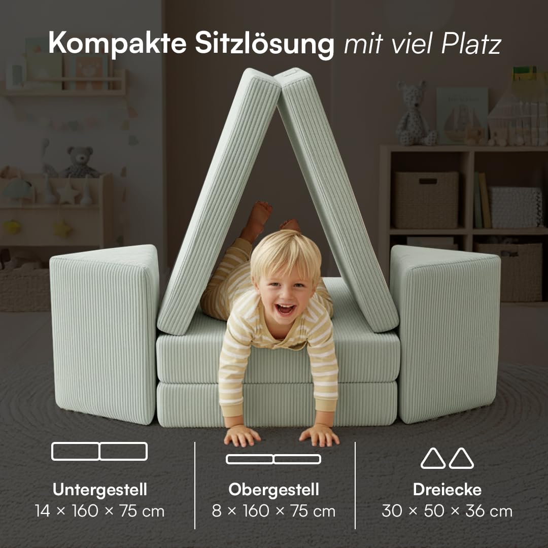 Bellabino Nile Spielsofa Maxi 4-TLG. für Kinder – Kindersofa Cord in Türkis – Spielesofa Schaumstoff Bausteine – modulare Kindercouch ausklappbar mit waschbarem Bezug – Sofa Kinderzimmer Kuschelecke