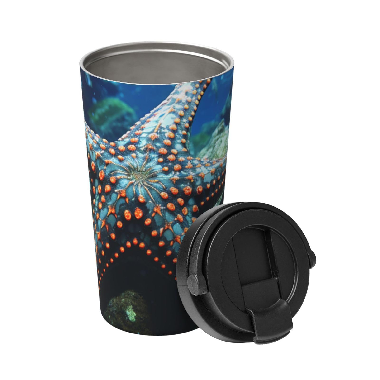BTCOWZRV Ocean Starfish Underwater Travel Coffee Mug Spill Proof Spill Proof Coffee Mug with Lid Insulated Coffee Tumbler Portable Thermal Mug Leak Proof Reusable Travel Coffee Cup for Hot and Cold