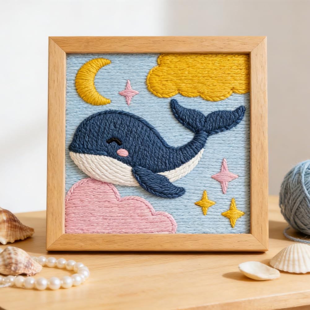 INFUNLY Kit da ricamo con ago da balena, per adulti e principianti, 24 x 23 cm, kit completo per principianti, kit per ricamo a forma di balena, kit fai da te con tutti gli strumenti per artigianato