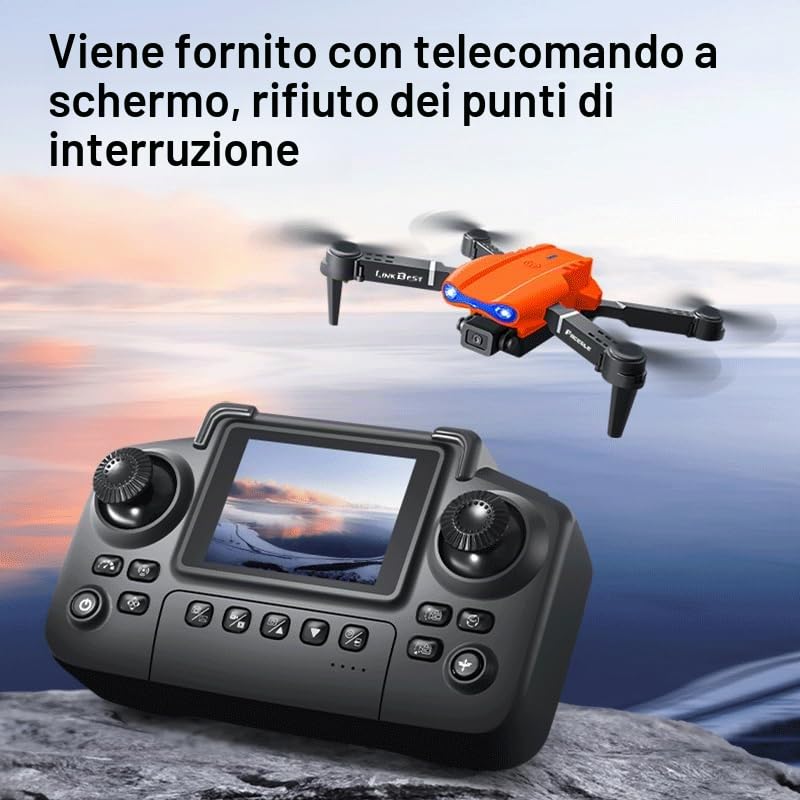 E99 Nova Drone con Telecomando a Schermo 2.4",Doppia Fotocamera SD Regolabile a 90°,Posizionamento Ottico,Fotografia a Gestuale - Drone Pieghevole per Adulti e Principianti con Autonom (orange)