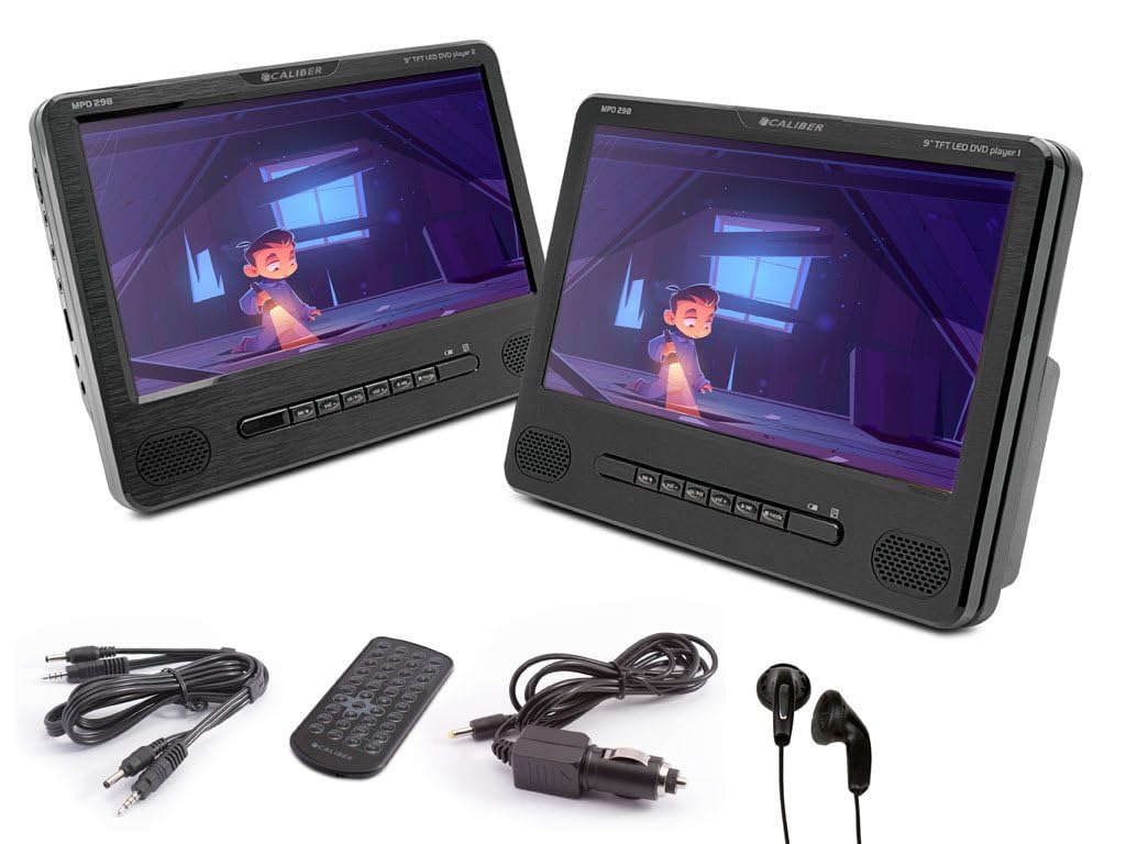 Caliber 2 Lecteur DVD Portables avec Support d'appui-tête - Port USB MPD298 - Écran de 9 Pouces - Utilisez séparé ou synchronisé - Plug Jack AUX 3.5 - Noir - 227 x 171 x 38 mm