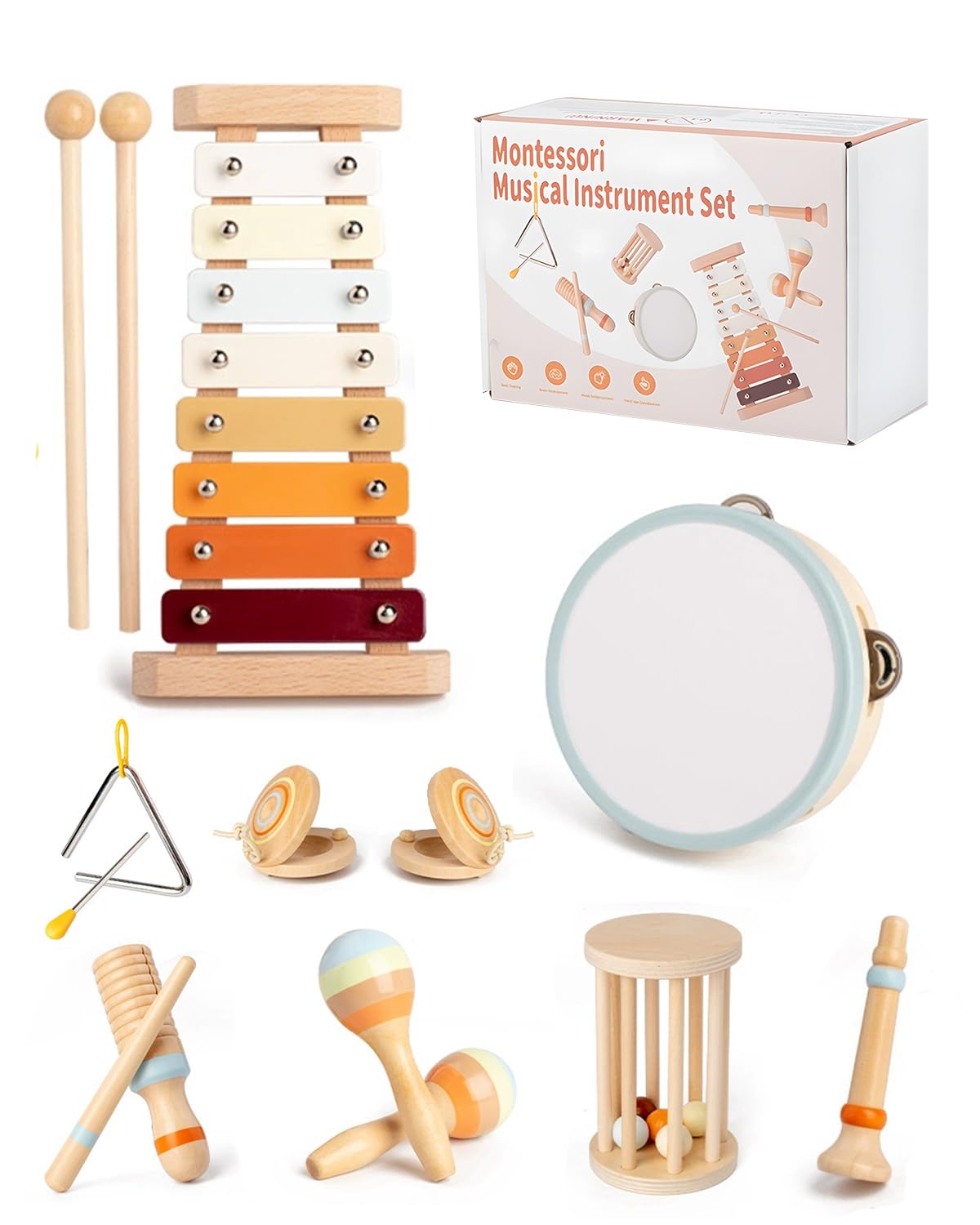 Maraiss 10 Pcs Kids Musical Instruments Wooden Percussion Toys with Tambourine, Xylophone & Carry Bag, Safe Musical Instruments for 1+ Year Old, Rhythm & Sensory Learning Musical Instruments Gift