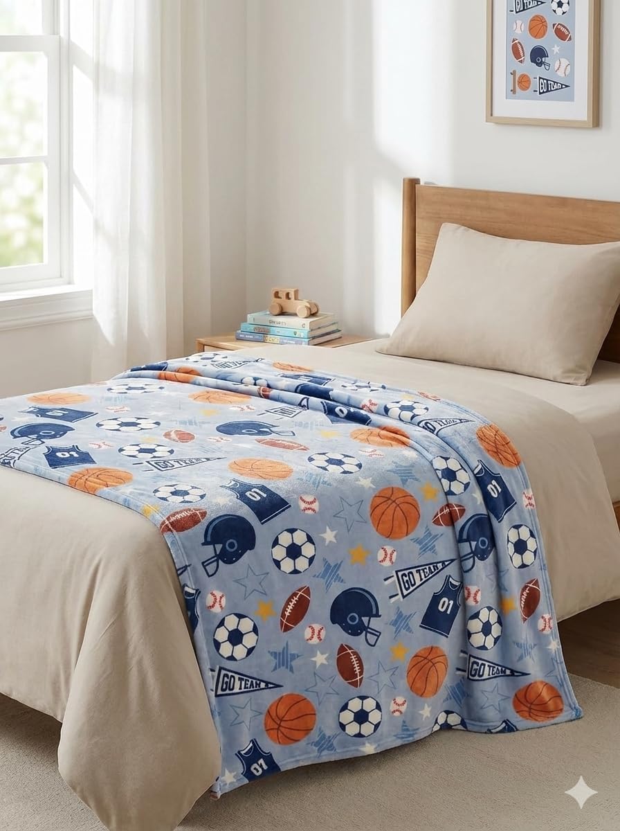 Soft Kids All-Star Sports Throw Blanket, 50" x 70" Large Plush Fleece – Navy Blue Champ Print with Baseball, Hockey, Soccer & Football – Cozy Multi-Sport Bedding for Boys & Girls