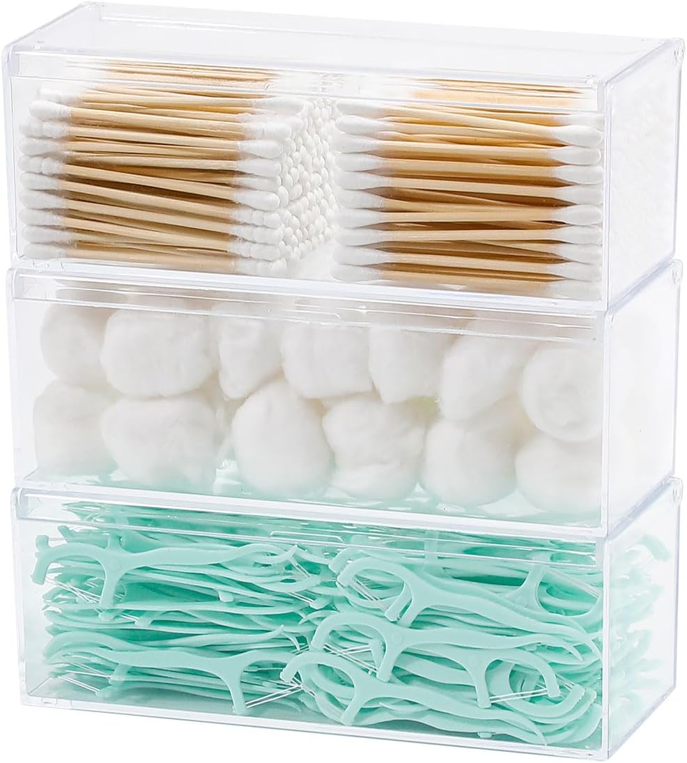 3 Pack Qtip Organizer Container with Lid, Plastic Bathroom Vanity Storage Canister for Cotton Swabs and Balls, Makeup Sponges, Hair Clips, Clear Counter and Desk Drawer Holder