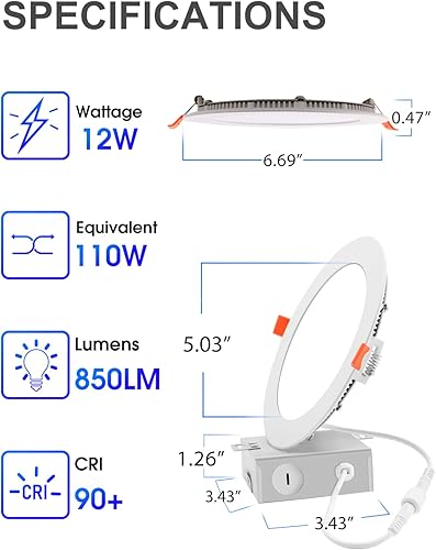 Miniatura 2 de Luminaria empotrable LED delgada de 6 pulgadas con caja de conexiones, luz blanca cálida 3000 K, la luz descendente de 12 W equivale a 110 W, luces