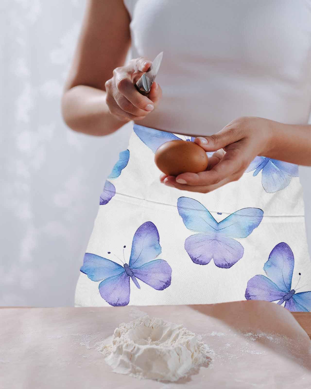 Blue Purple Butterfly Server Apron Waitress Aprons with 3 Pockets, Watercolor Elegance Butterflies Half Waist Waiter Aprons Restaurant Chef Aprons for Women Men