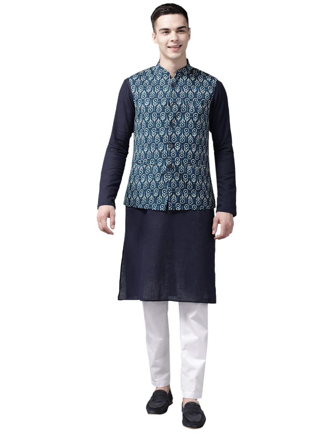 see designs See DesignsMen Blue & Beige Printed Pure Cotton Nehru jacket-picture-36