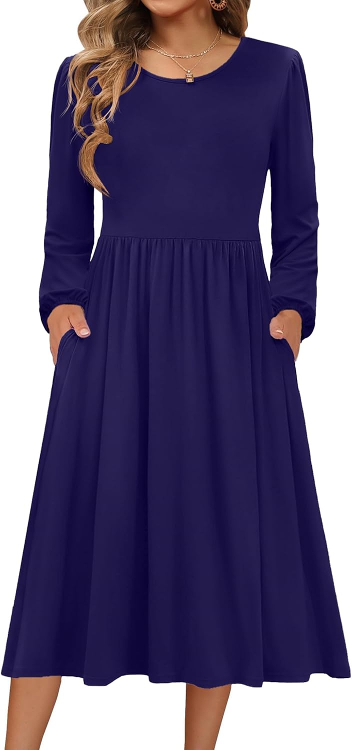 Zeagoo Long Sleeve Dresses for Women 2026 Fall Winter Casual Flowy A-Line Boho Midi Party Long Dress with Pockets