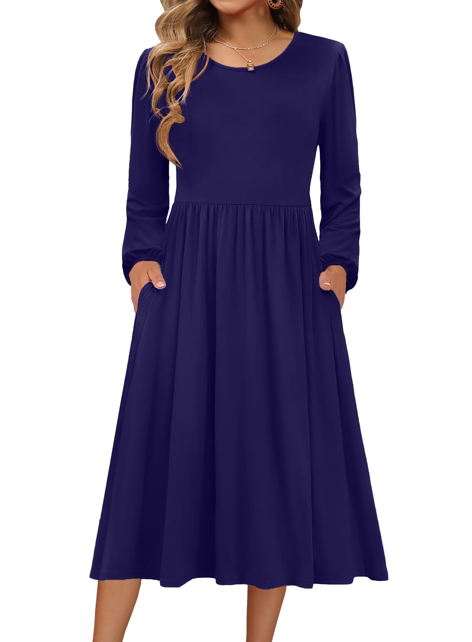 Zeagoo jurk voor dames, lange mouwen, elegant, A-lijn, winterjurk, ronde hals, losvallend gebreid kleed, knielang, tuniekjurk met zakken, beige, L