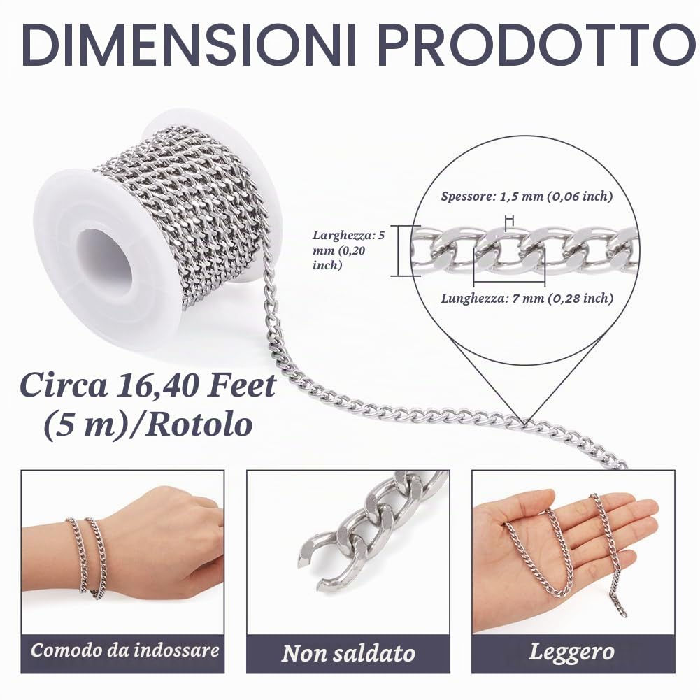 Catena barbazzale in alluminio, 16,4 piedi, non saldata, intrecciata, con maglie spesse da 7x5x1,5 mm, per la creazione di collane e gioielli fai da te