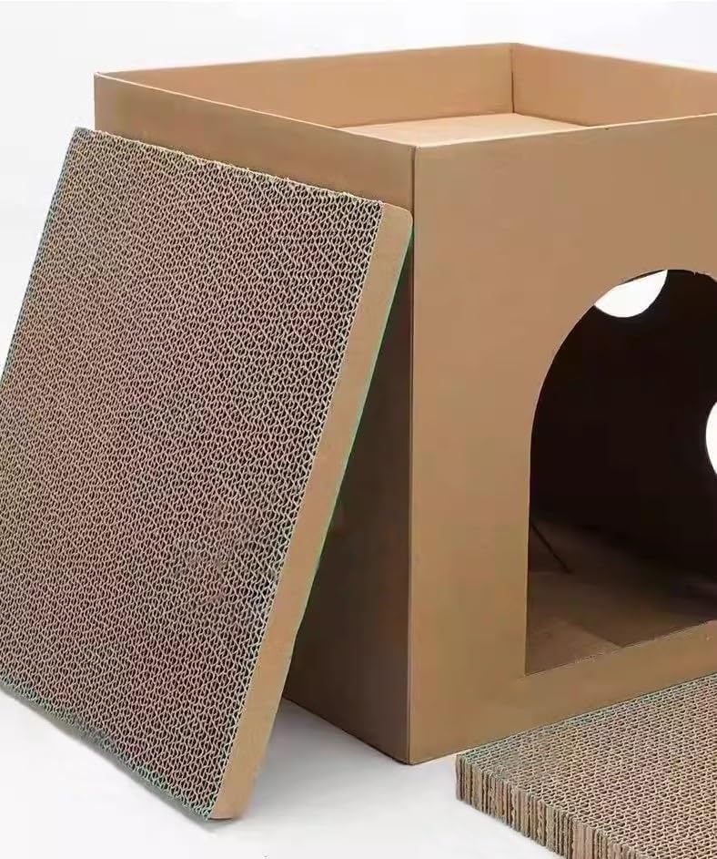 review Cozy Cat House with Scratcher Pad, Made of Corrugated Cardboard, Ideal for Cats & Kittens & Small Animals. 11.8