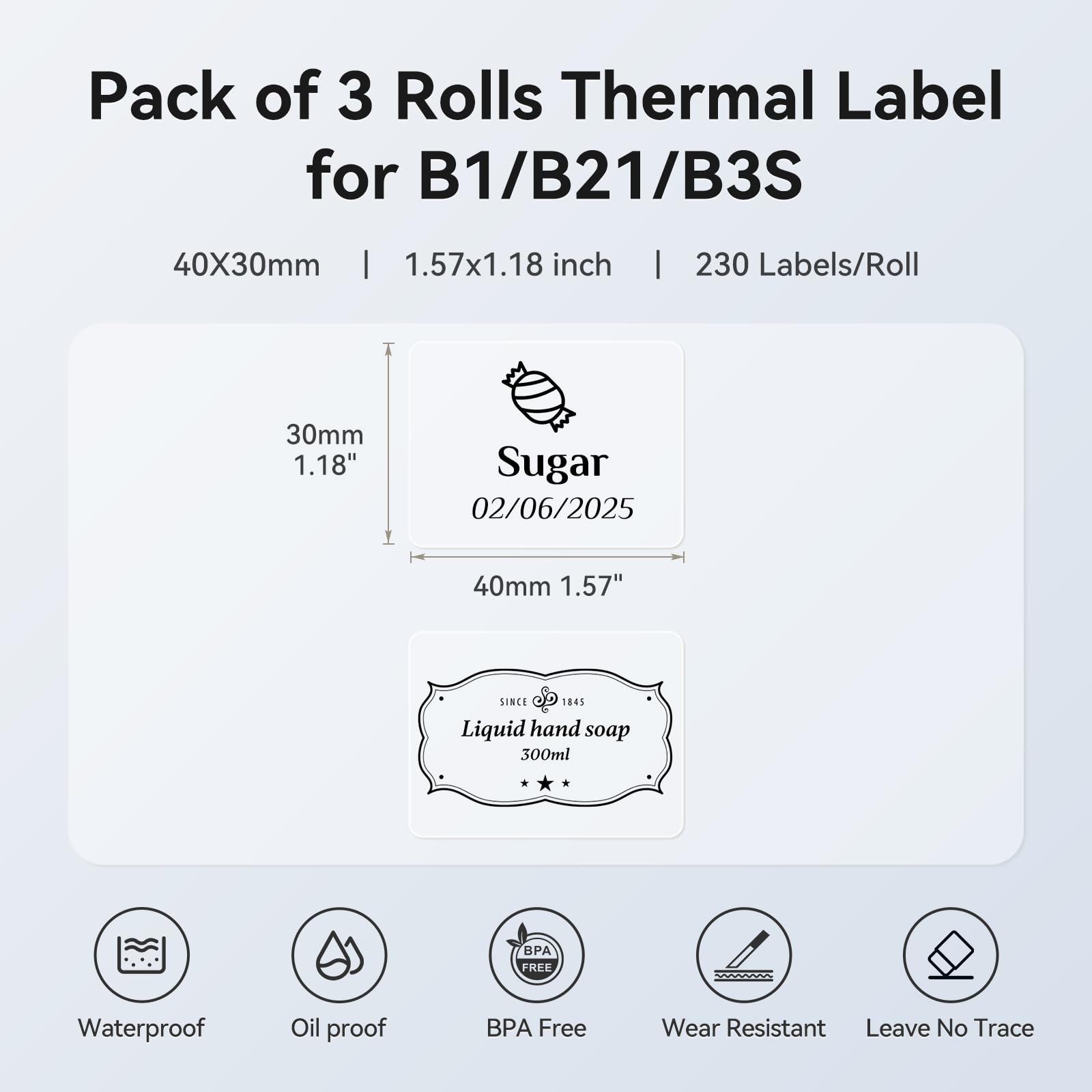 NIIMBOT 3 Rollen Etikettenband für Etikettendrucker, B1/B21/B3S, 1,57 x 1,2 Zoll (40 x 30 mm), wasserdichtes Thermoband für Küchenglas, Adresse, Barcode