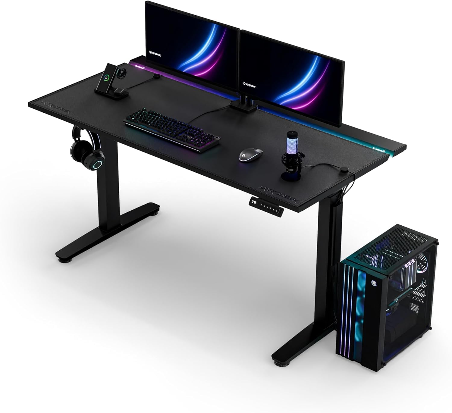 Ultradesk - Scrivania da Gaming Nera - Scrivania Regolabile in Altezza 140x70 - Scrivania per Computer con Illuminazione in Acciaio, Scrivania da Ufficio con Ripiano per Cavi, Scrivania per PC Vortex