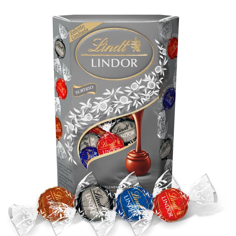 Lindt bombones LINDOR CORNET SILVER incluye bombones de chocolate negro al 70% de cacao, chocolate con leche, avellana, interior de chocolate cremoso, surtido de chocolate, 337 g, aprox 26 bombones