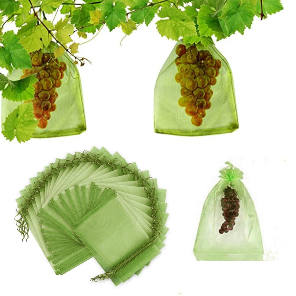 URFEDA Bolsas protectoras para uvas, 100 unidades, bolsas de malla para jardín, fruta, bolsa protectora de uvas, bolsa de organza con cordón, para proteger contra avispas, pájaros e insectos