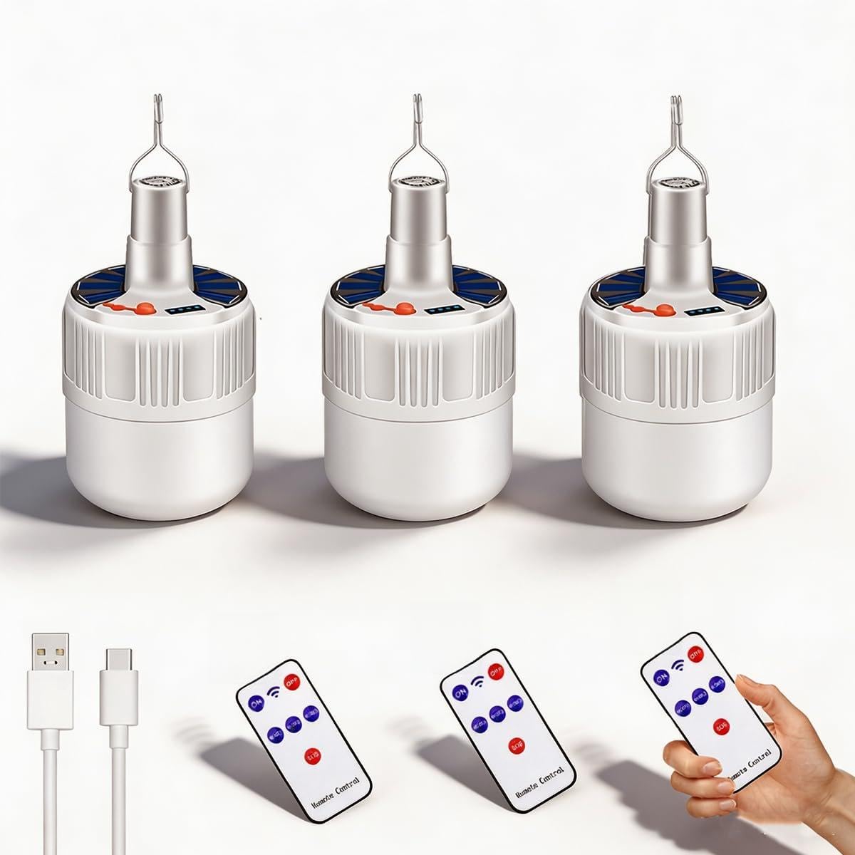 Lampada solare LED telecomando campeggio LED Blub tenda lanterna luci 5 modalità USB ricaricabile portatile gancio appeso all'aperto pesca emergenza cortile interruzione di corrente 3 pezzi