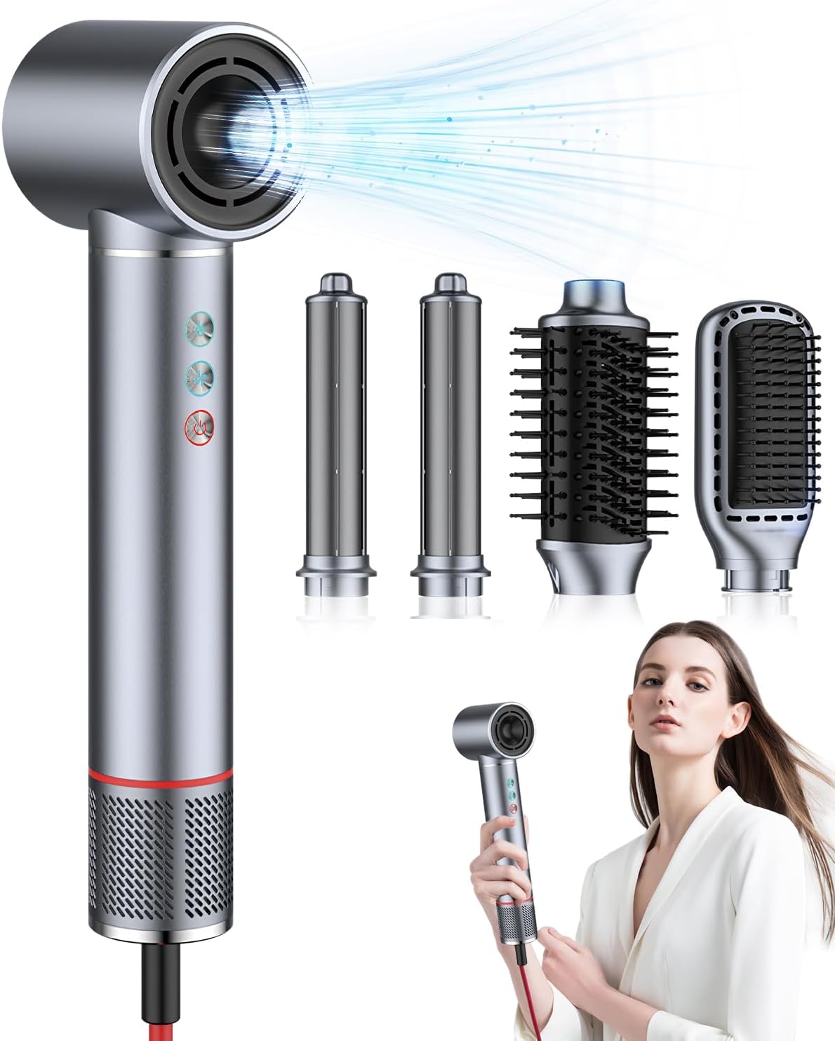 ZCVTBYE Föhn 5 in 1 haarstyler, 13000 RPM High Speed Air Styling Droogsysteem, Hot Air Brush Wrap Air Curling Wand Ronde Borstel Stijltang Kam Haar Volumizer Föhn Set