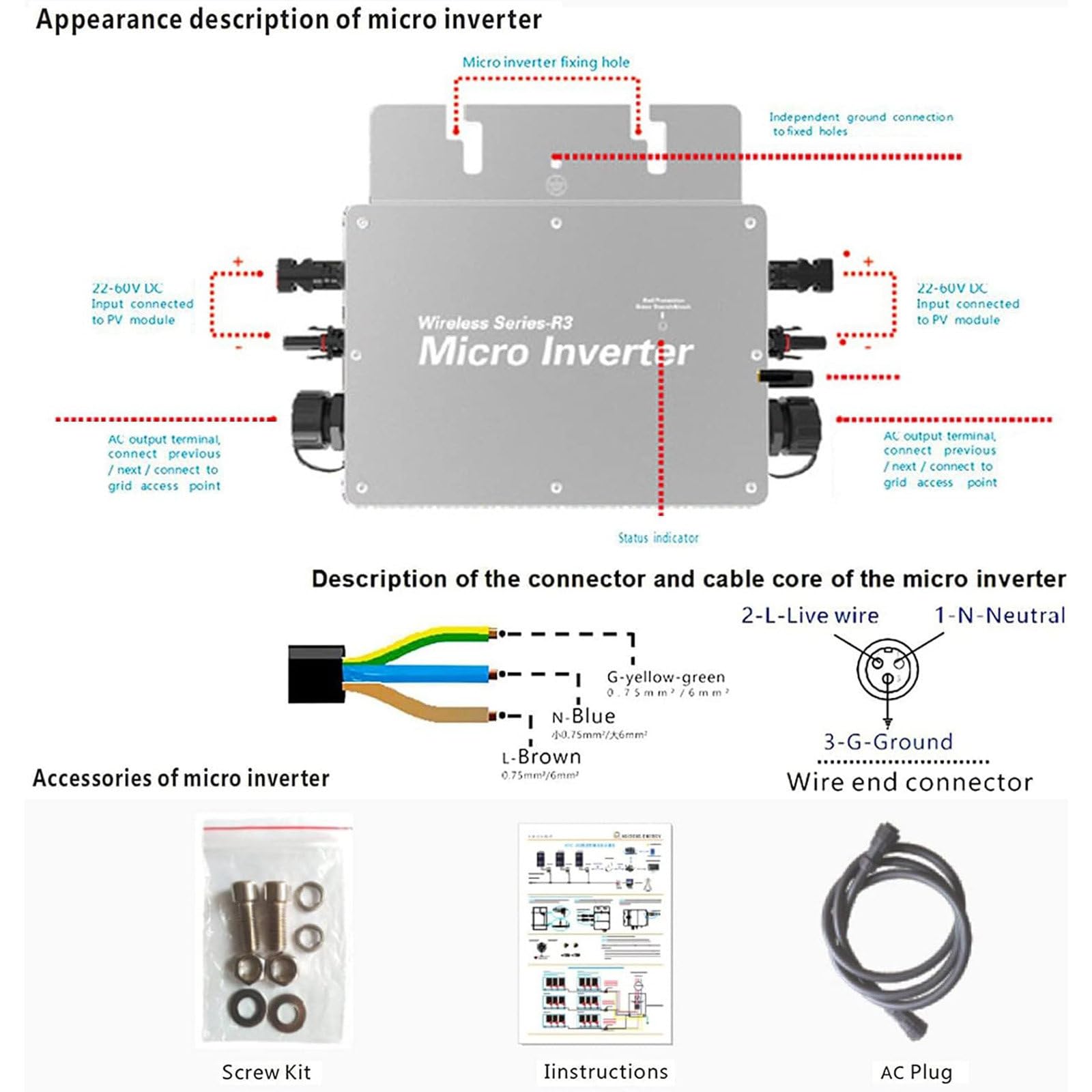Micro inverter solare, micro inverter per collegamento alla rete solare MPPT da 600W, inverter per collegamento alla rete impermeabile da CC a CA 120V 230V Identificazione automatica Microinverter