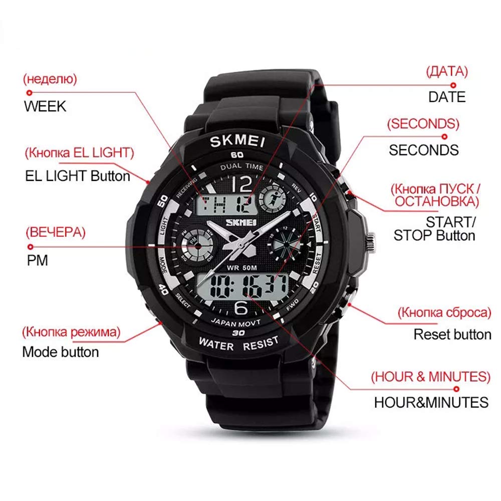 MASTOP Reloj digital de cuarzo analógico para hombre, multifuncional, resistente a los golpes y al agua, pantalla LED