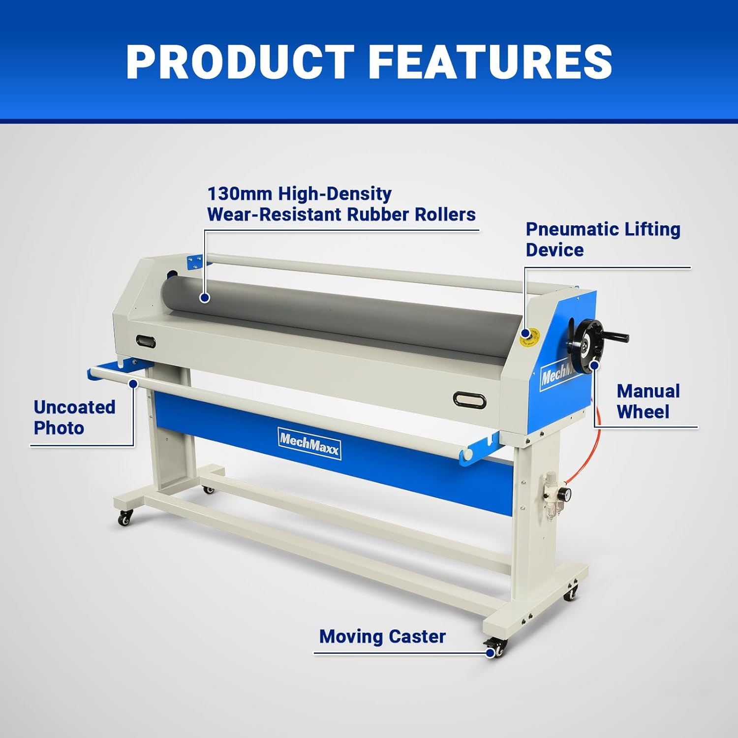 63" Laminator Manual Cold Laminating Machine 60" Max Width, Pneumatic Roller Lift & Wear-Resistant Rubber Roller Portable Stand Included, (Requires Air Compressor, Not Included),1600-C1
