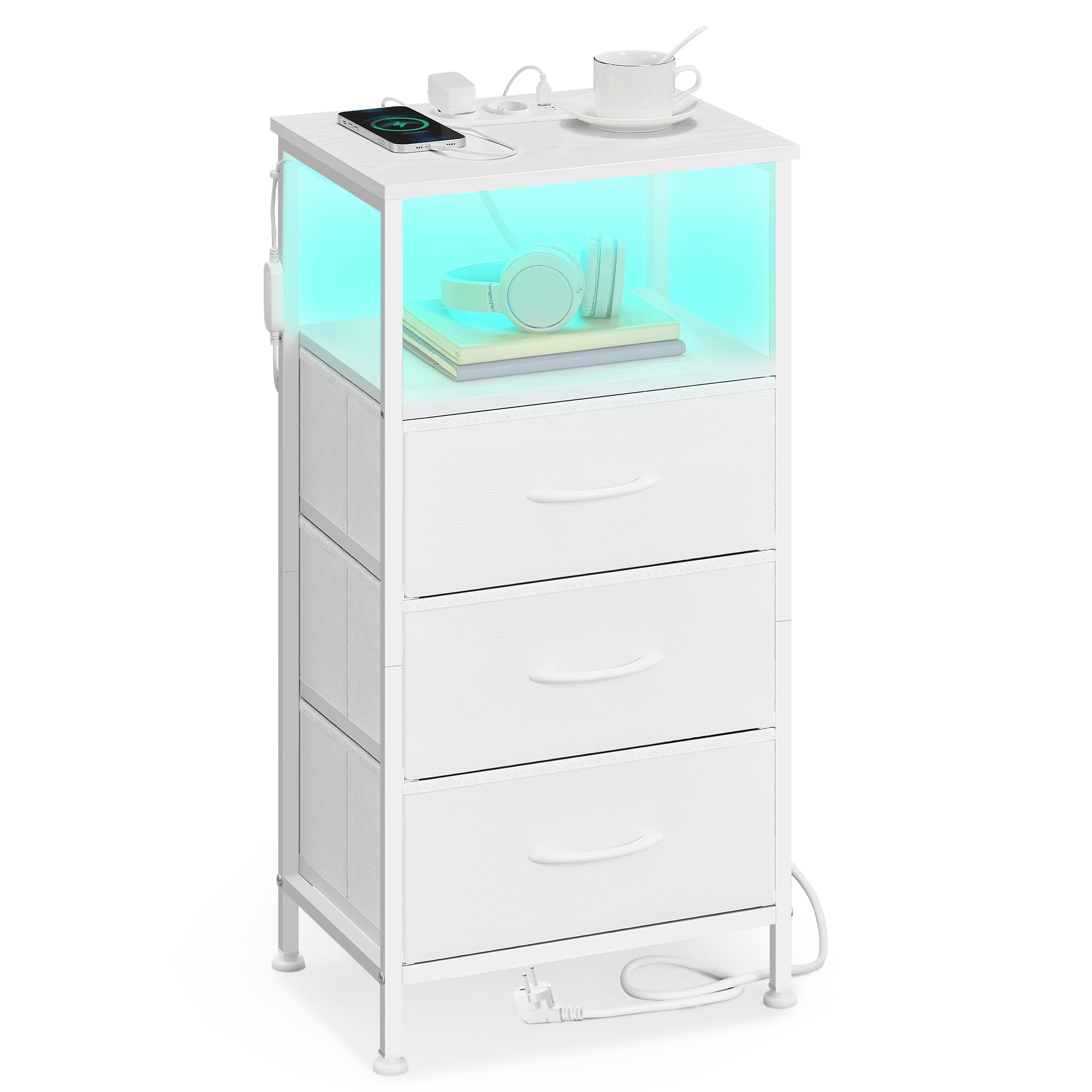 SONGMICS BELLAH Kollektion - Nachttisch mit Ladestation, Beistelltisch mit App-gesteuerter, Einstellbarer LED-Beleuchtung, 1 offenes Fach, 3 Schubladen, wolkenweiß-schneeweiß LGS303WH03
