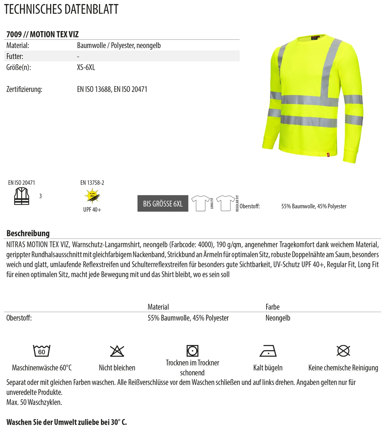 NITRAS T-Shirt de sécurité Motion Tex Viz de T-Shirt à Manches Longues de Couleur vive - avec Bandes réfléchissantes