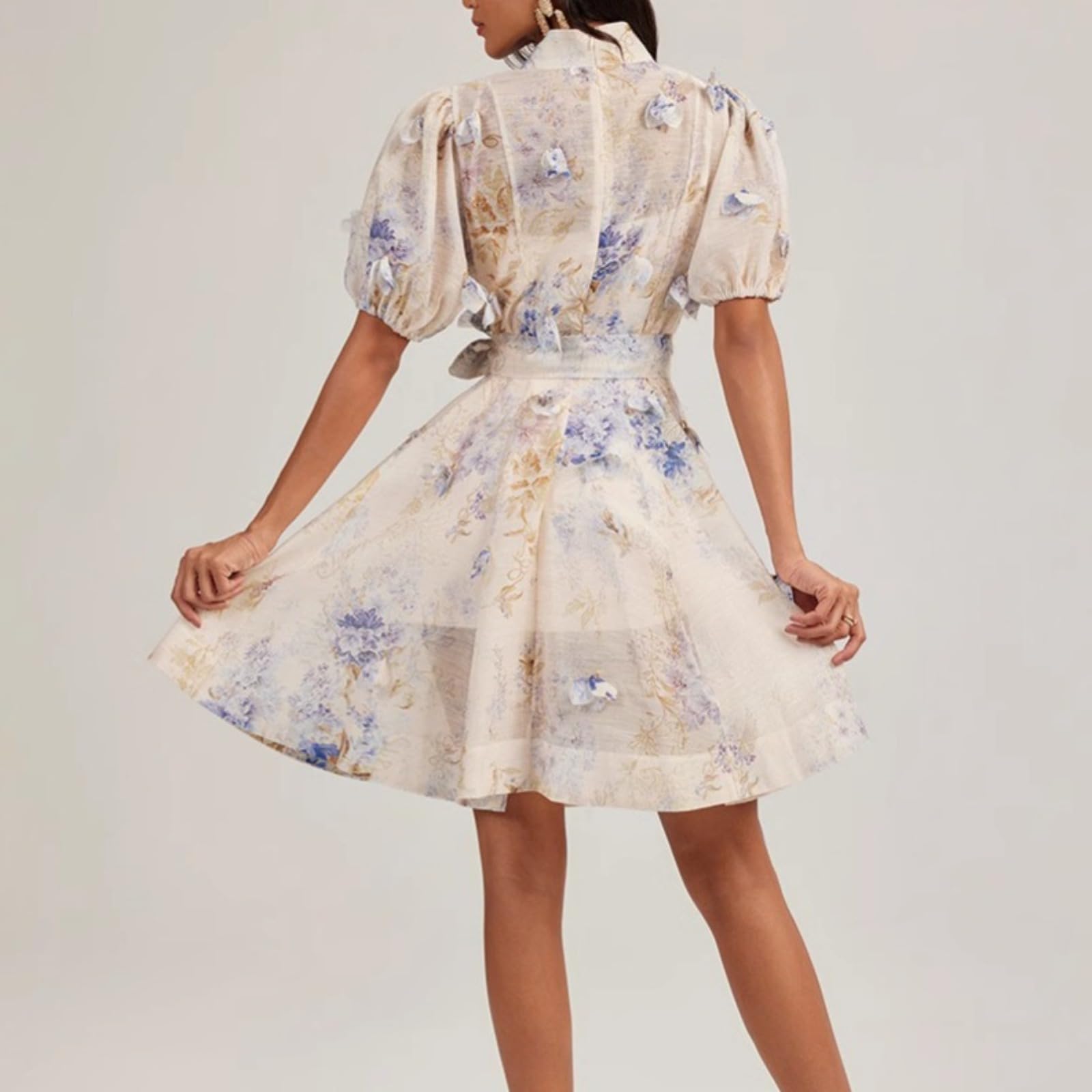 Damenkleid französisch Blumen Sommer tailliengebunden Stehkragen Urlaub