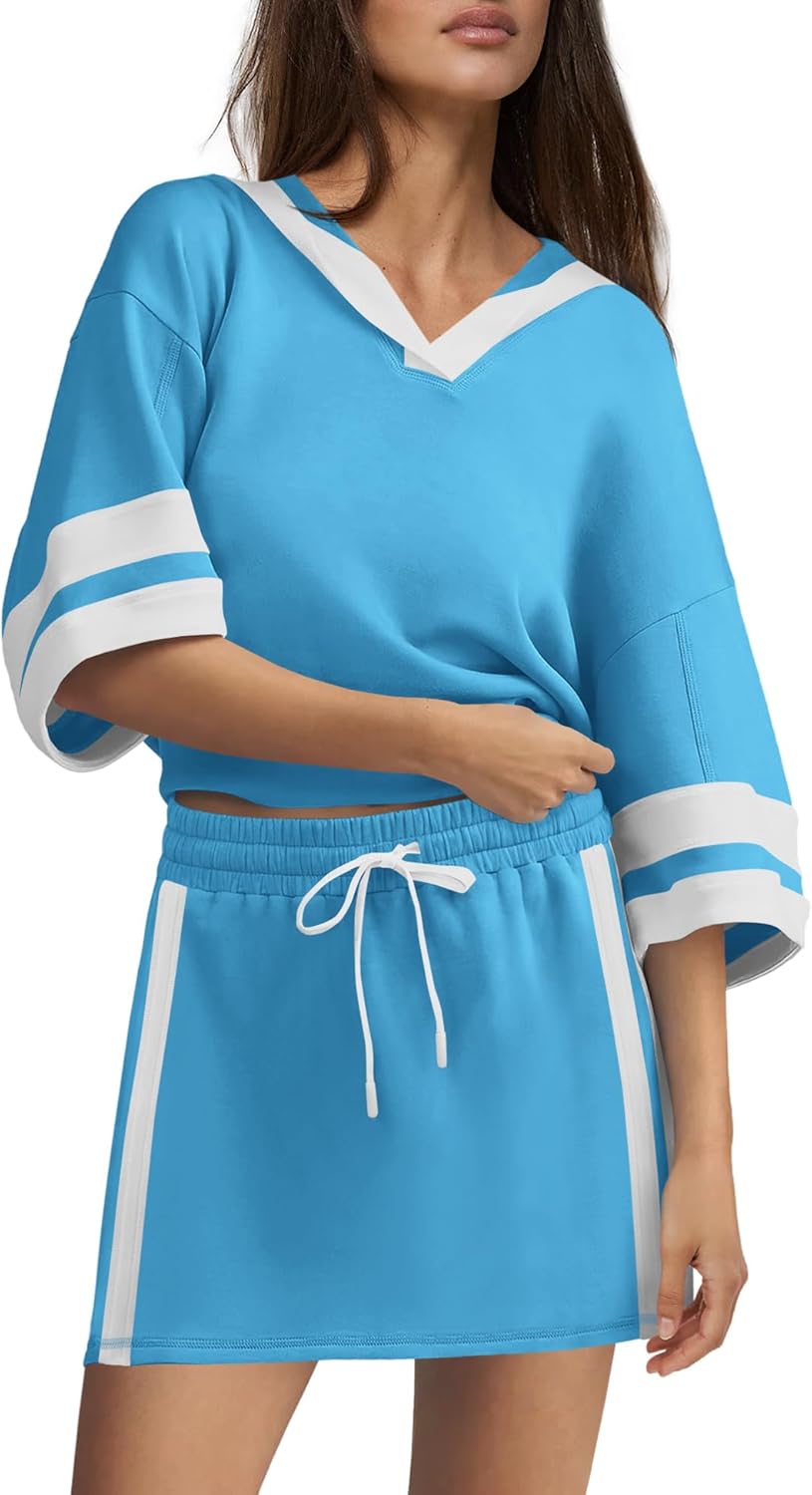 Nirovien Womens Striped 2 Piece Outfits Summer Skirt Set Half Sleeve Hoodie and Elastic Waist Skort Set Sweatsuit