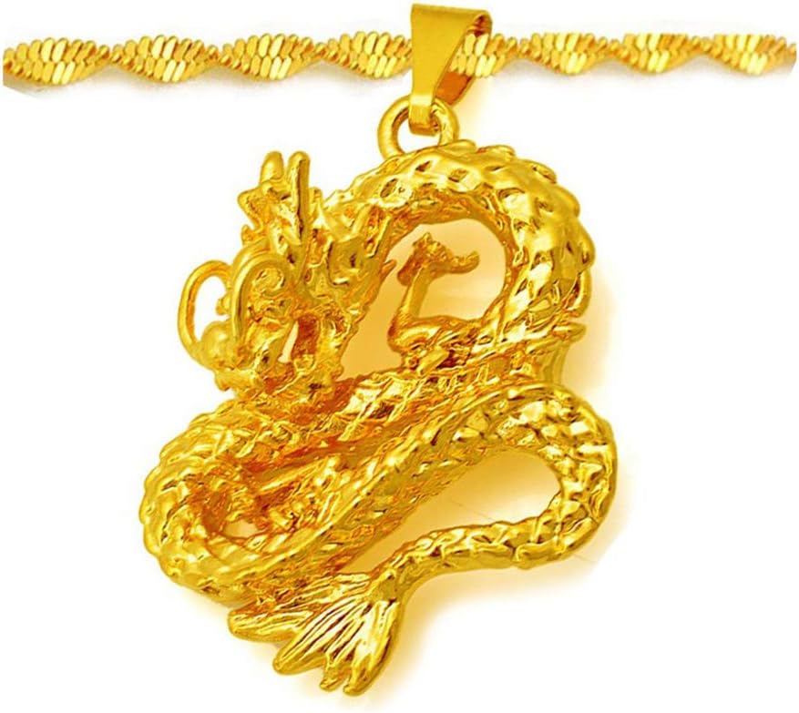 24k Yellow Gold Men's Women's Dragon Pendant And 20" Snake Chain Necklace