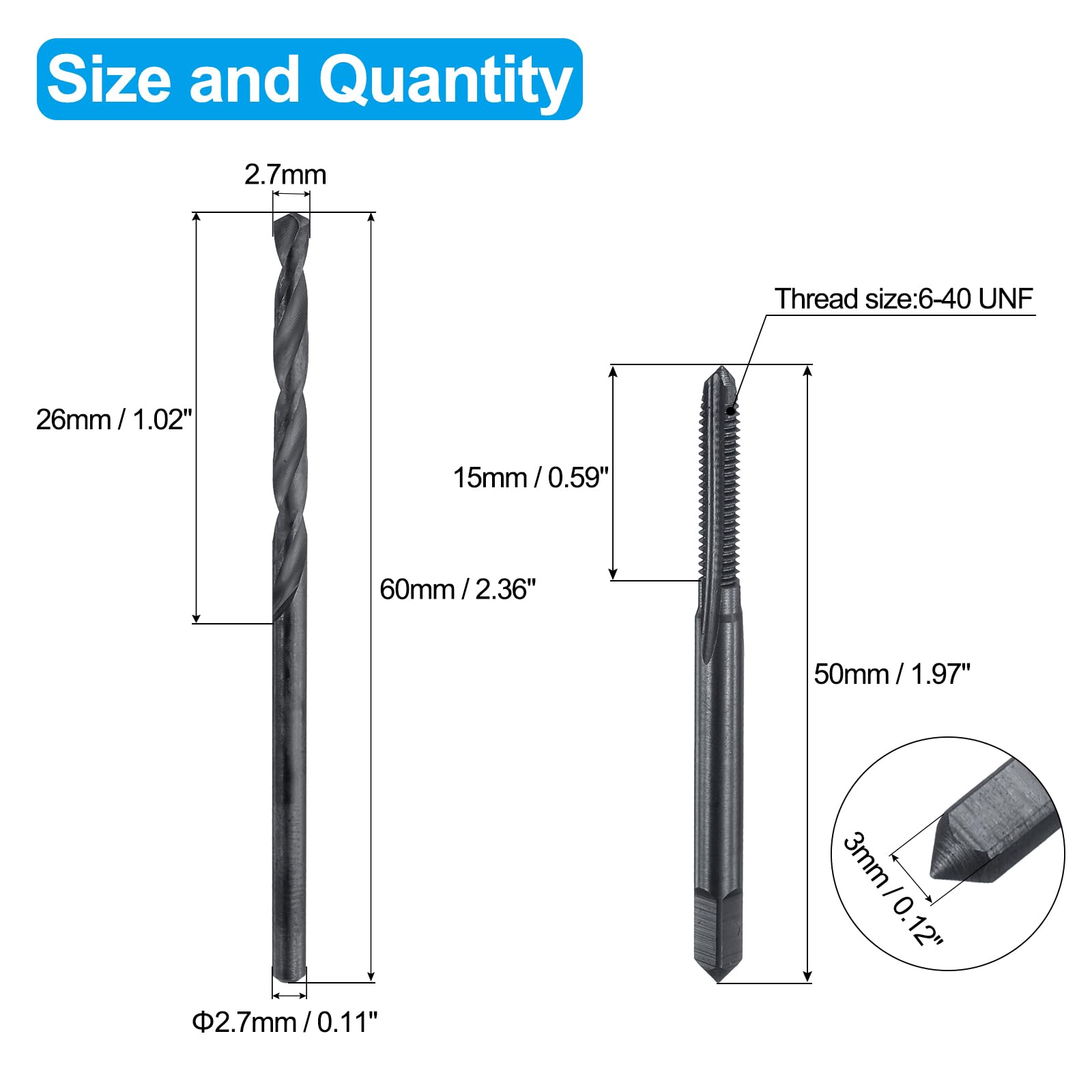 Set di Maschi e Punte da Trapano, 1 Maschio per Filettatura a scanalatura Dritta UNF 6-40 e 1 Punta elicoidale da 2,7 mm, Kit di Utensili per Filettatura HSS-6542 in ossido Nero