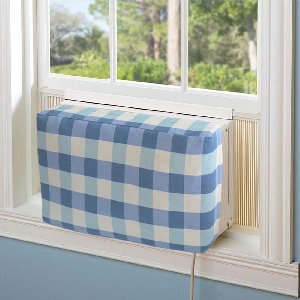 JEACENT Indoor Air Conditioner Cover Double Insulation, Blue Grid Smalll
