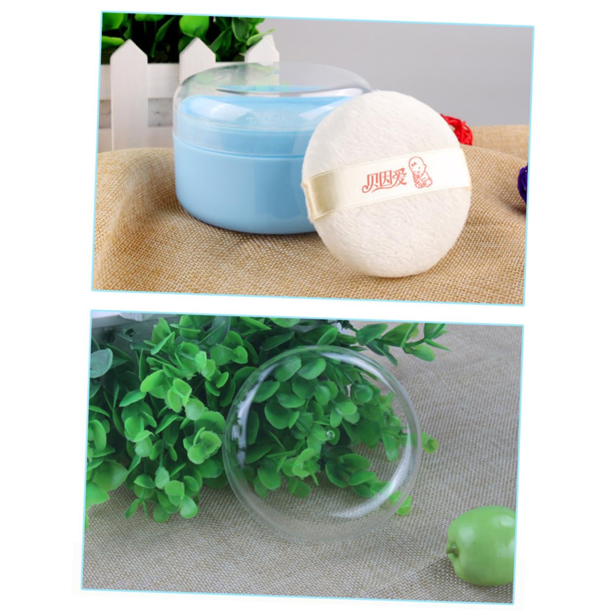 ERINGOGO Juego de 2 Puff de Polvo Corporal para Bebés con Aplicador Esponja y Cedazo, Envase Plástico Azul para Uso Diario en Casa, Aplicación Uniforme y Portátil