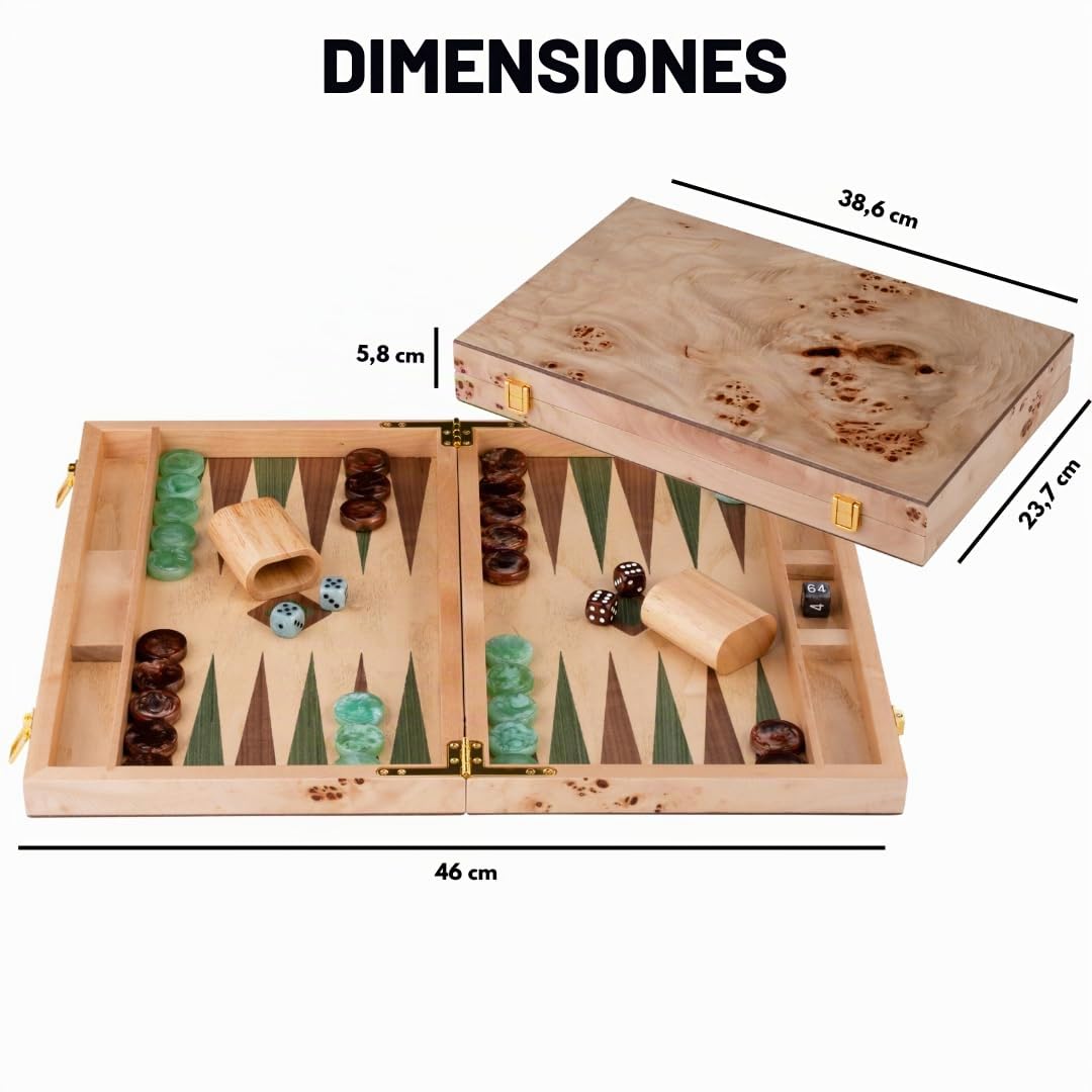 Engelhart-250550 – Backgammon de Madera 15 Pulgadas (38 cm) Maletín de Lujo Nogal – Abierto 48 × 38 cm – Fichas Verde/Marrón – Dados y Cubiletes – Juego de Mesa Clásico