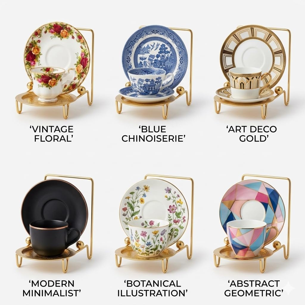 HOHIYA Gold Tea cup and Saucer Display Stand 6 Cup Holder Rack Decorative Tabletop Organizer for China Cups Coffee Mugs and Plates Elegant Tea Party & Kitchen Counter Display Etched Base