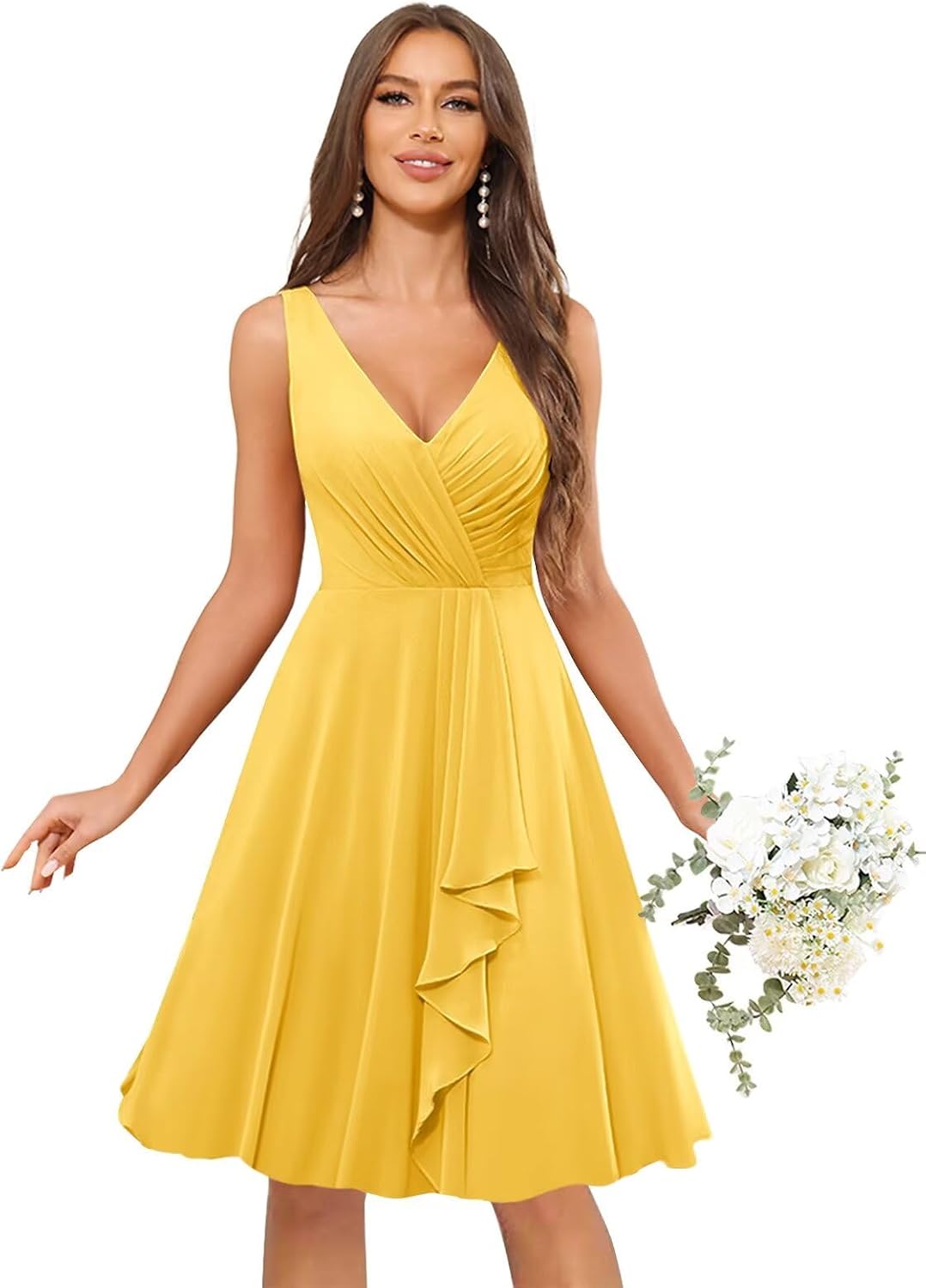 Women's Short Sleeve Bridesmaid Dresses for Wedding Ruffle Chiffon