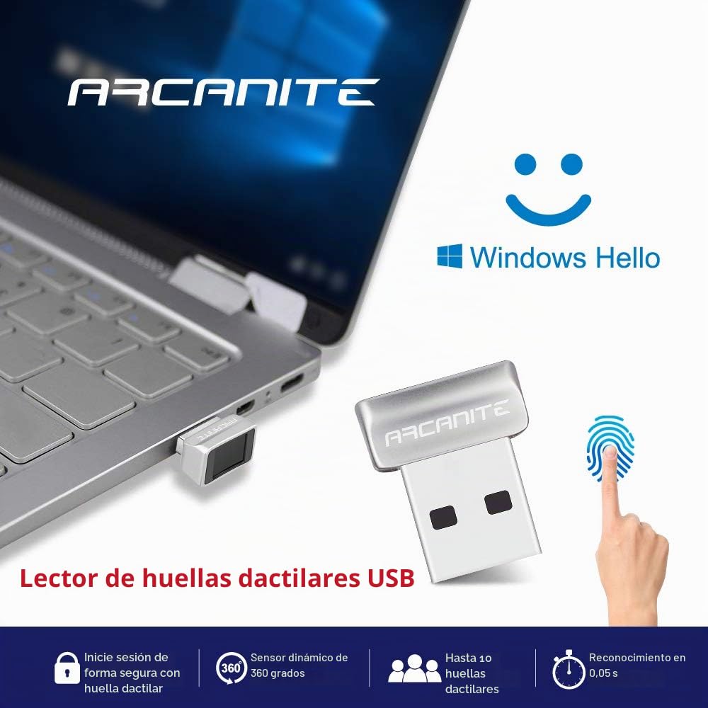 ARCANITE - Lector de huella dactilar USB para Windows 11/10 Hello, dispositivo de seguridad con sensor de 360º, identificación en 0,05 segundos