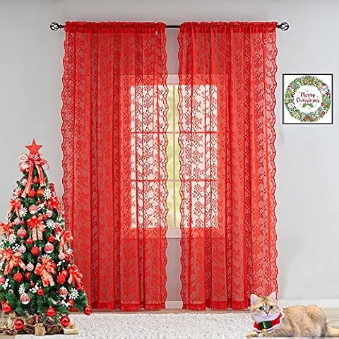 YJ YANJUN Red Lace Curtains 84 inch Length Vintage Red Sheer Curtains Christmas Decorations for Home Window Xmas Gift for Holiday Decor Party Backdrop Patio Door 52 x 84 inches ,Red Cover