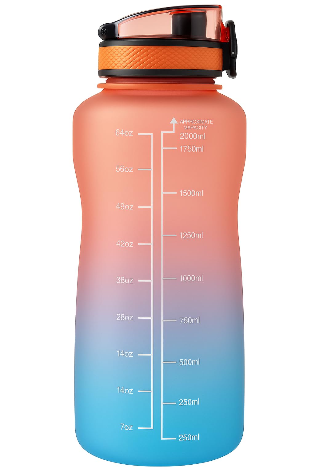 Arkeya Orange Motivational Water Bottle With Time Markers, 2L, Gradient Colours, Leak-Proof Flip-Top Lid (Orange)