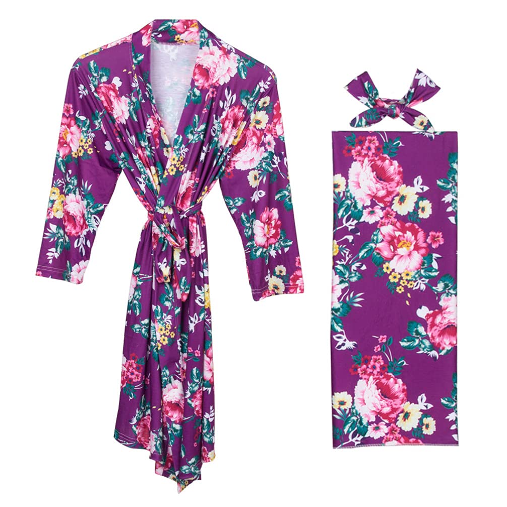 Abaodam 3 Pz Camicia da Notte Premaman Mom And Baby Matching Outfits Hospital Camicia da Notte Kimono da Donna Fajas Post Parto da Donna Mancare Viola Cardigan Sciolto Cotone