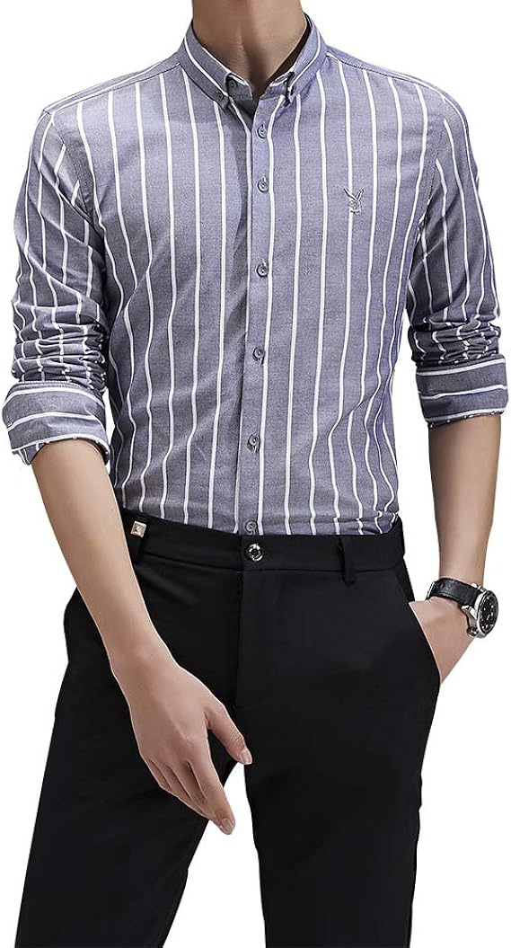 Amazon シャツ メンズ ストライプ柄 ビジネスシャツ 折り襟 細身 紳士 長袖 厚手 裹起毛 綿シャツ ボタンダウン カジュアルシャツ 春秋冬 シャツ 通販