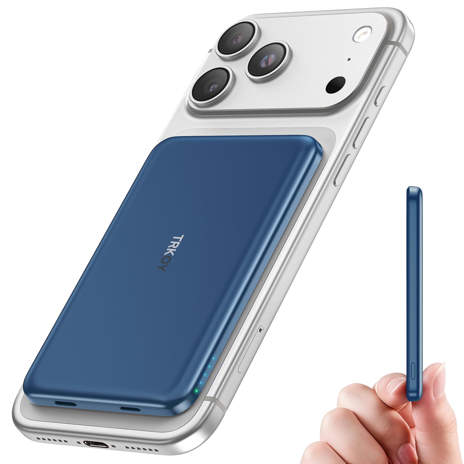 Powerbank für Magsafe, TRKOY Slim Magnetische Power Bank für iPhone 5000mAh | Schnellladen Kabellose Powerbank mit USB-C Ausgang, Externe Handyakkus für iPhone 17/16/15/14/13/12 Serie (Dunkelblau)