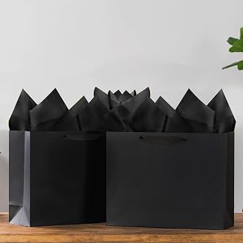 SHIPKEY 3 Pack Extra Large Black Gift Bags with Black Tissue Paper, 40x15x30cm Kraft Paper Shopping Bags with Ribbon Handles for Birthday, Wedding, Party, and Holiday Gifts